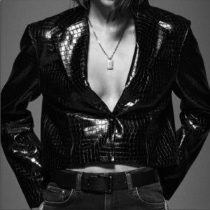 COPY - Zara Womens Patent Black Faux Crocodile Leather Cropped Jacket Sz Medium